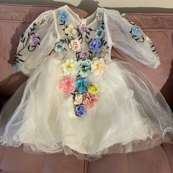 Mid Length Half Sleeve White Tula Dress With Pastel Flowers